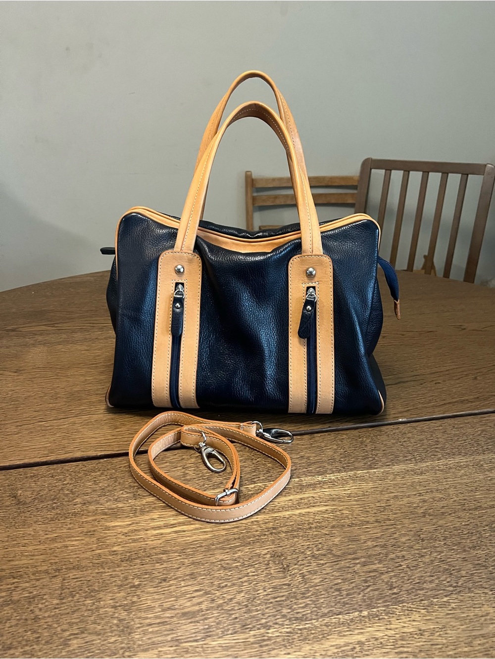 Floto Italian Leather Tote Handbag Navy Shoulder Bag Made in Italy Stripe Lining